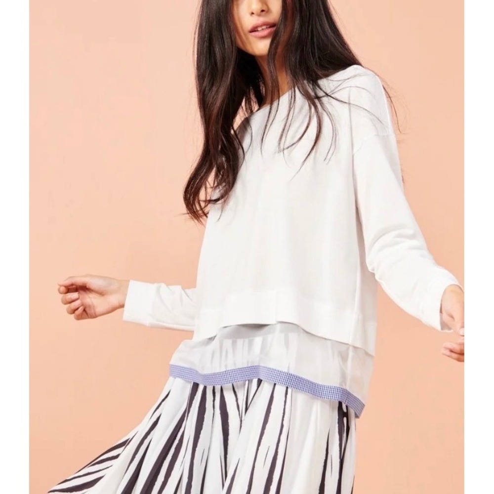 Cop Copine Major White Layered Top Sheer Mesh Gingham Trim Long Sleeve Size 36 S